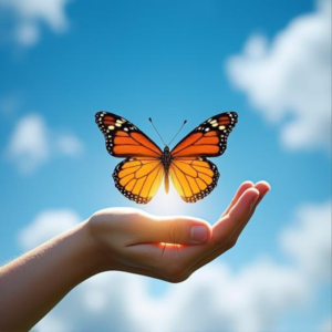 A butterfly flies away from hand.